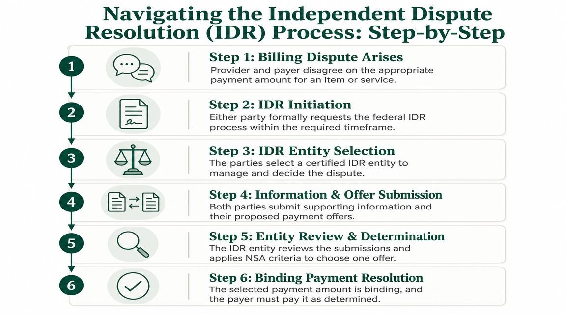 A six-step infographic illustrating the federal Independent Dispute Resolution process for settling healthcare billing disagreements.