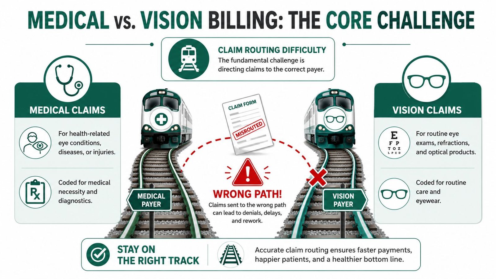 A diagram comparing medical and vision billing processes, illustrating the challenge of routing claims to the correct payer.