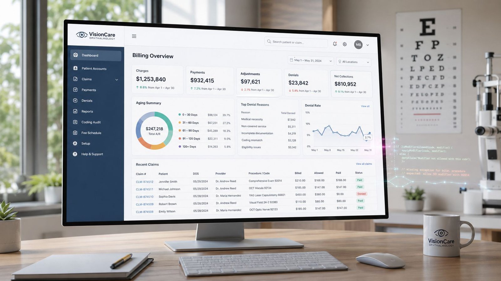A professional computer monitor displaying a medical billing dashboard for an ophthalmology clinic with financial charts.
