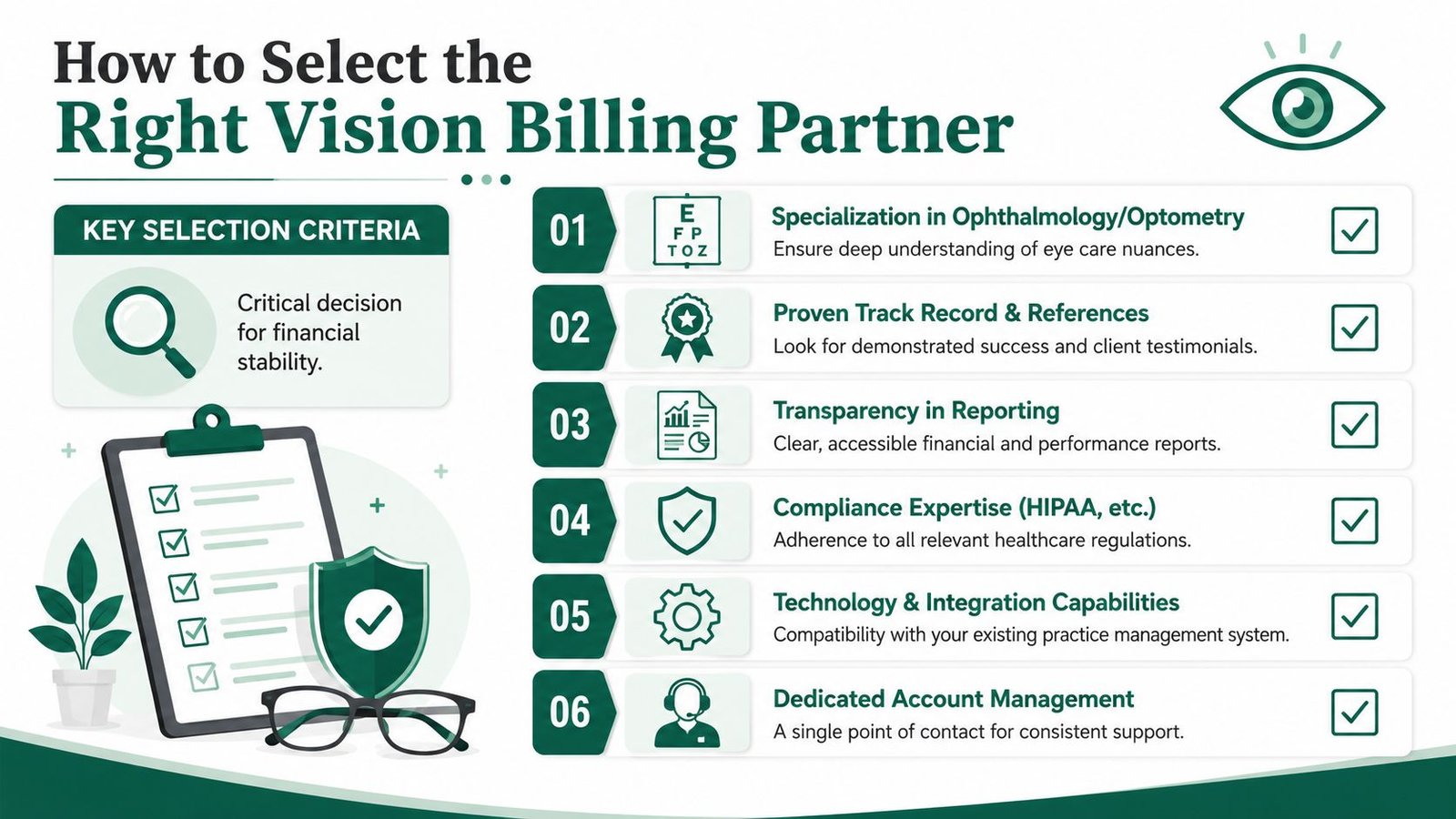 An infographic outlining six key criteria for selecting a professional vision medical billing partner for eye care practices.