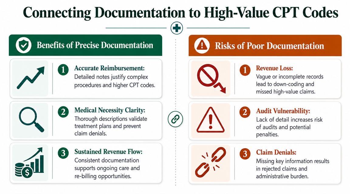 A comparison chart showing the benefits of precise medical documentation versus the risks of poor documentation.