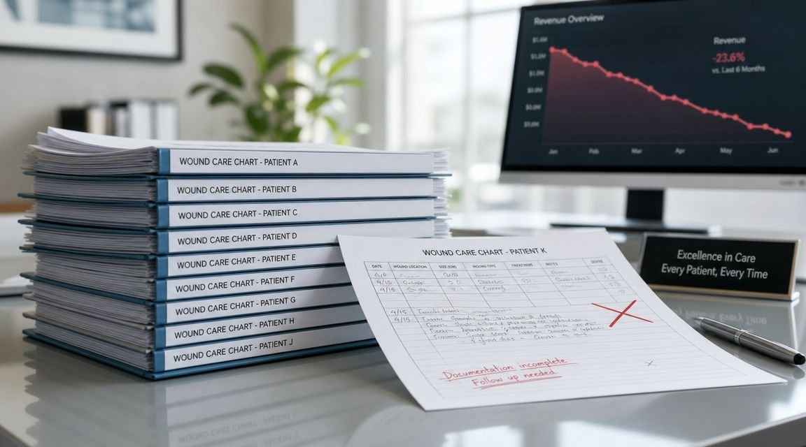 A stack of patient wound care charts sits on a desk next to a flagged incomplete chart.