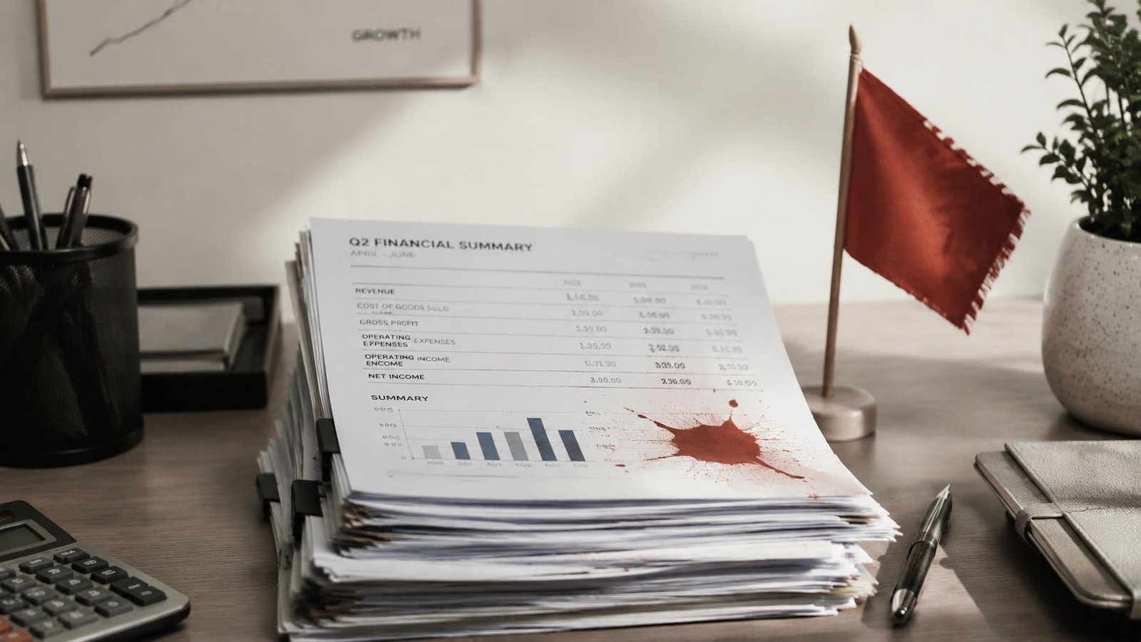 A stack of financial reports with a red stain sits on an office desk with a flag.