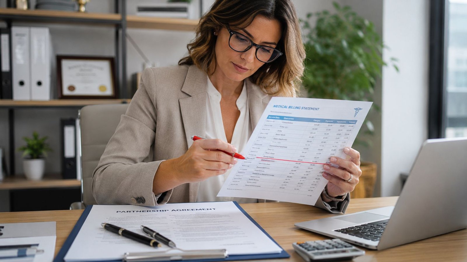 A professional woman in a business suit reviewing medical billing statements while working at her office desk.