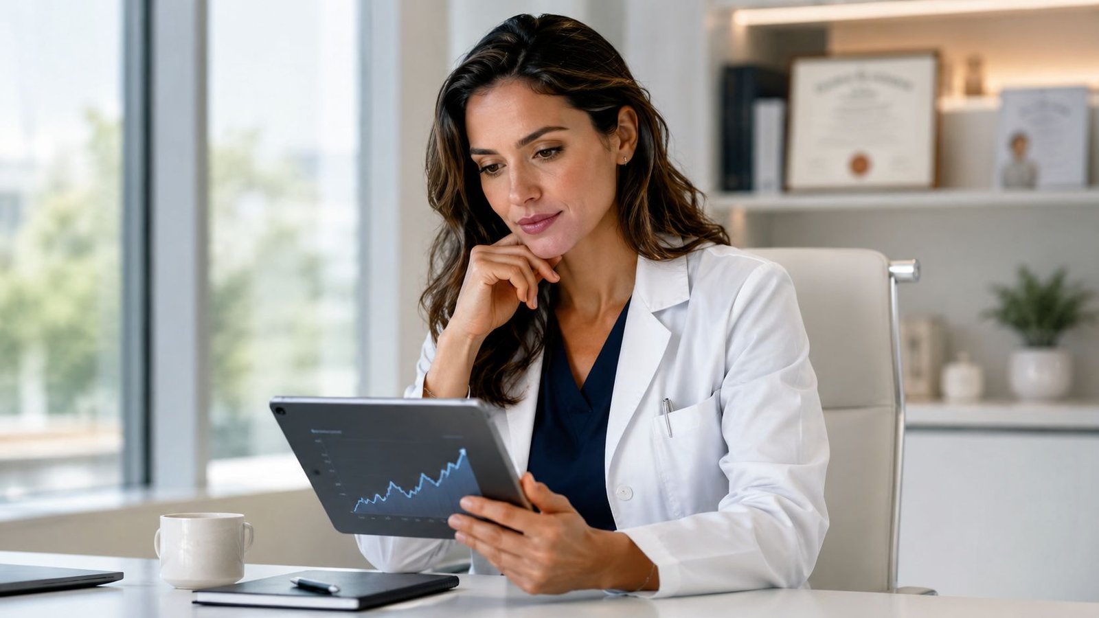 A female healthcare professional in a white coat reviewing financial performance data on a digital tablet.