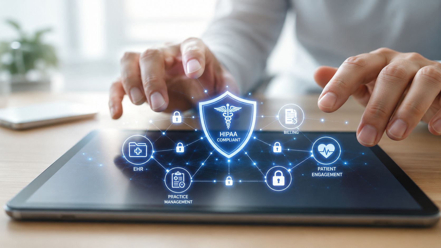 A person using a digital tablet displaying a futuristic HIPAA compliant medical software interface with security icons.