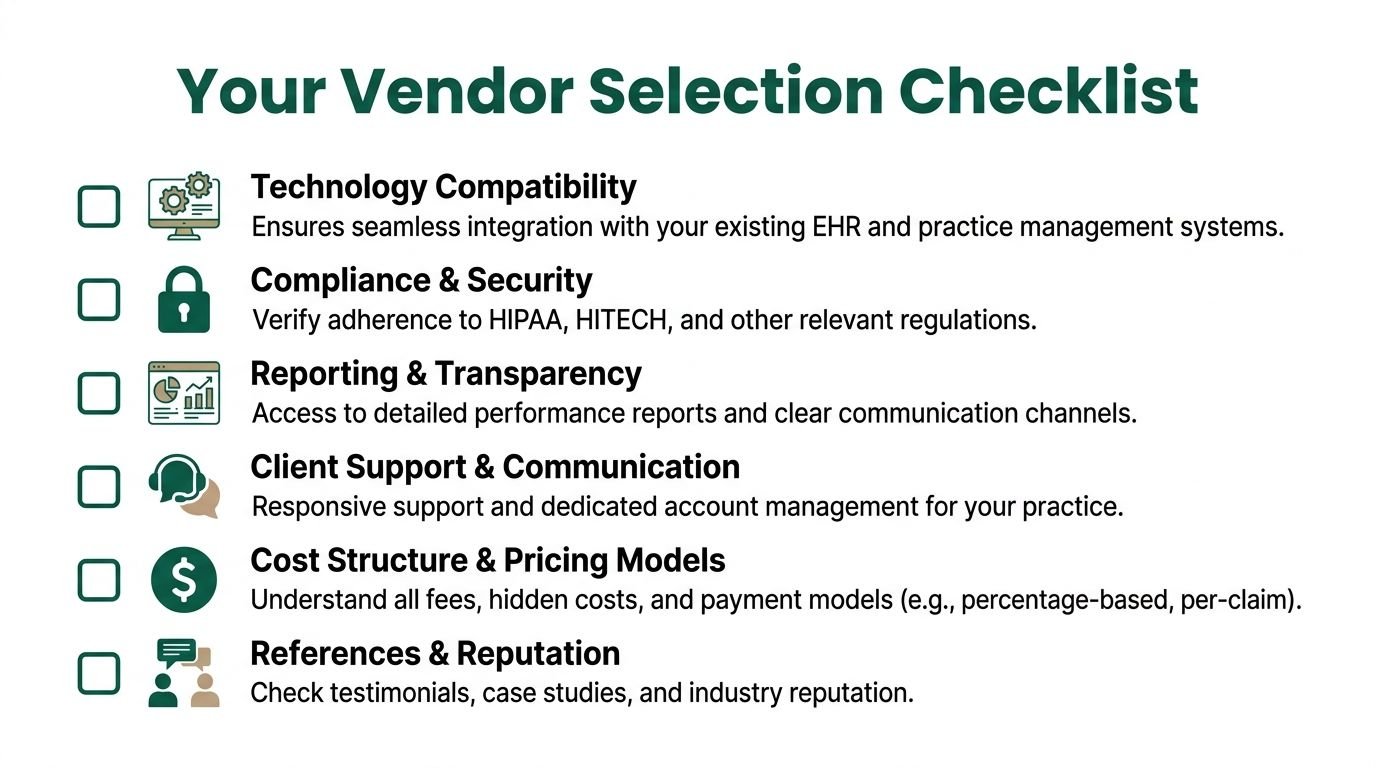A checklist for healthcare providers detailing key factors for selecting medical billing outsourcing service vendors.