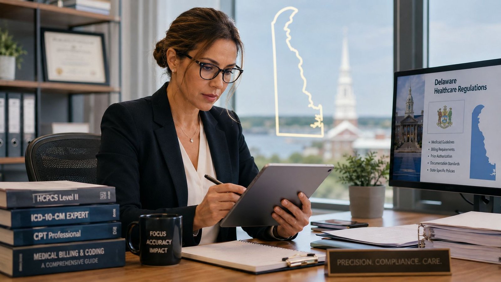 A professional woman working on a tablet in an office setting focused on Delaware healthcare regulations.