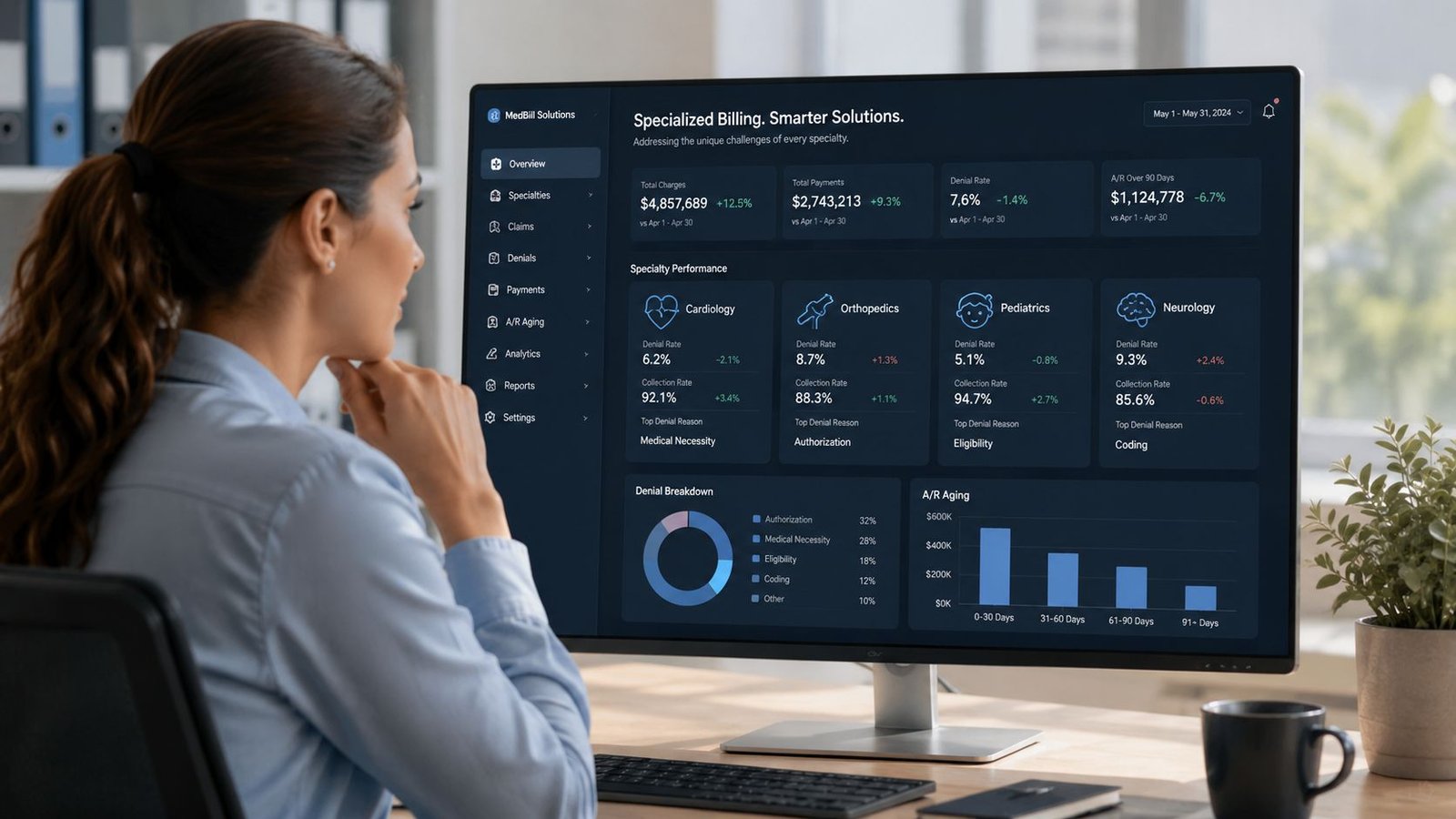 A professional analyzing medical billing performance metrics and healthcare data on a computer screen in an office.