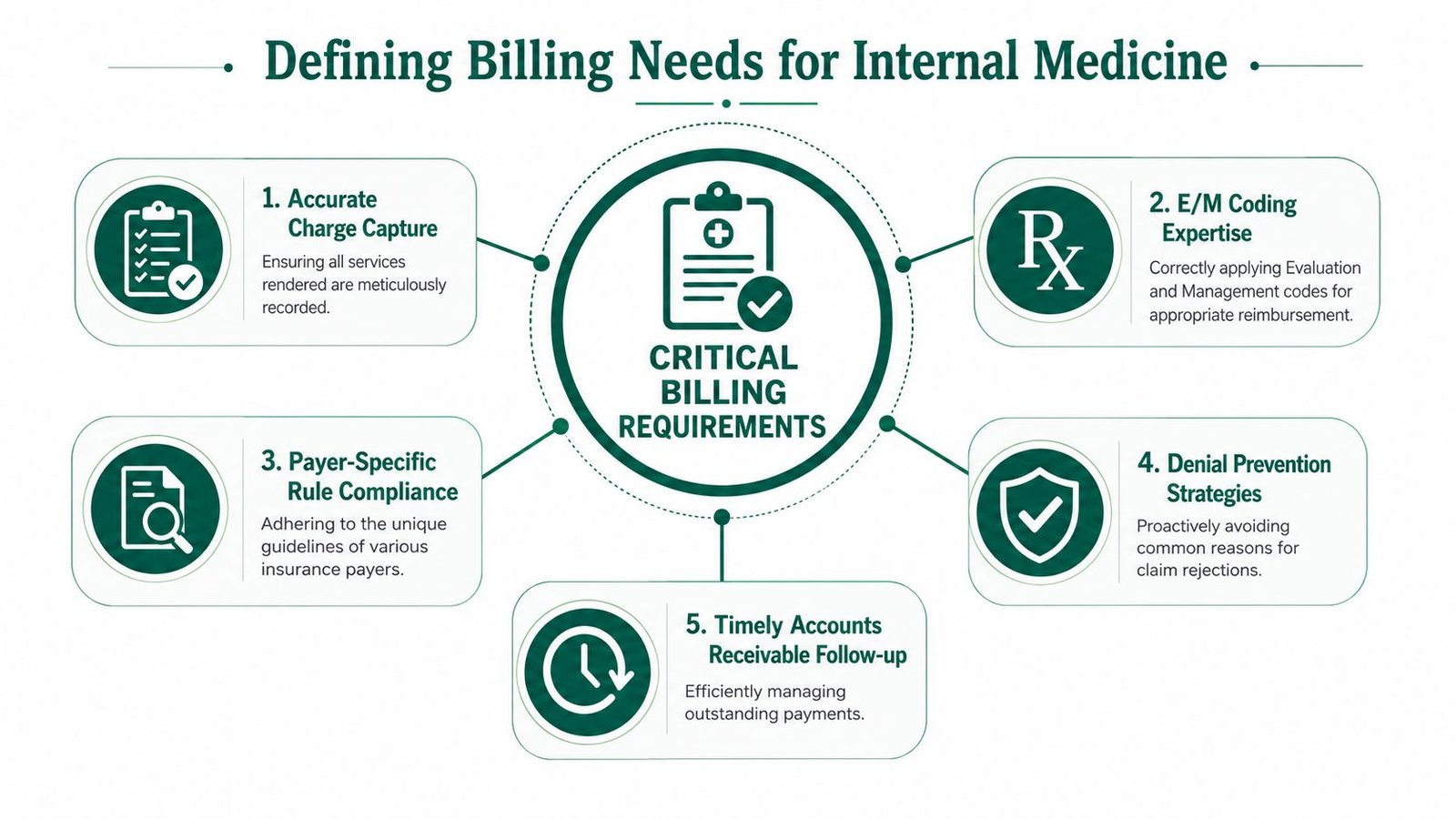 A diagram outlining five critical billing requirements for internal medicine practices including charge capture, coding, and compliance.