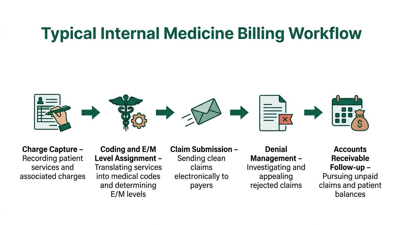 A diagram illustrating the typical five-step internal medicine medical billing workflow from charge capture to collections.