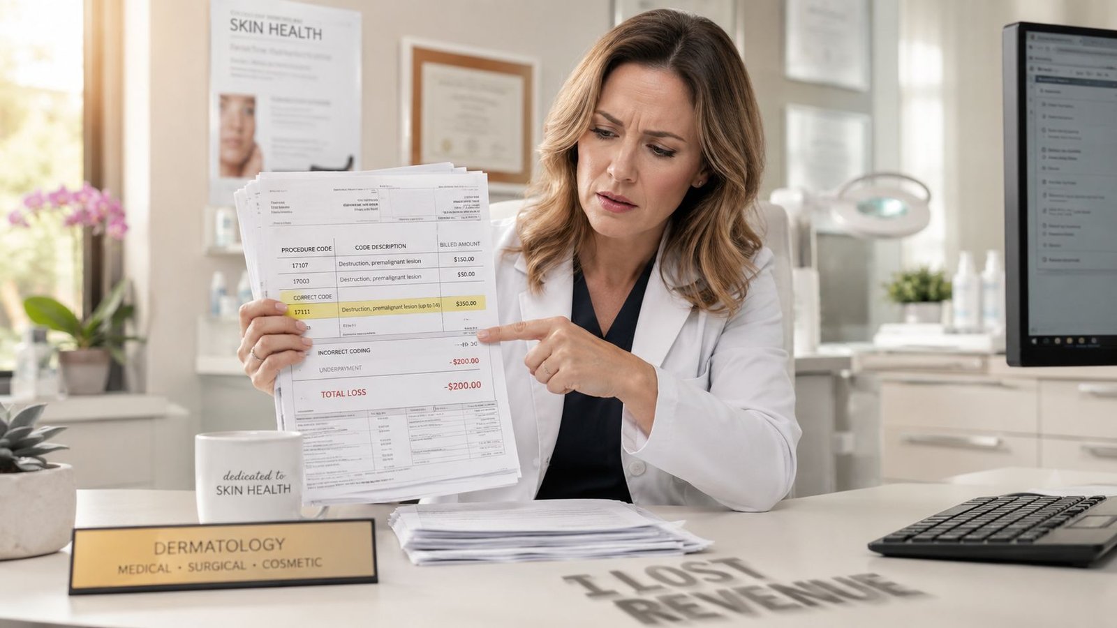 A dermatologist reviewing medical billing documents, highlighting a loss of revenue due to incorrect coding practices.