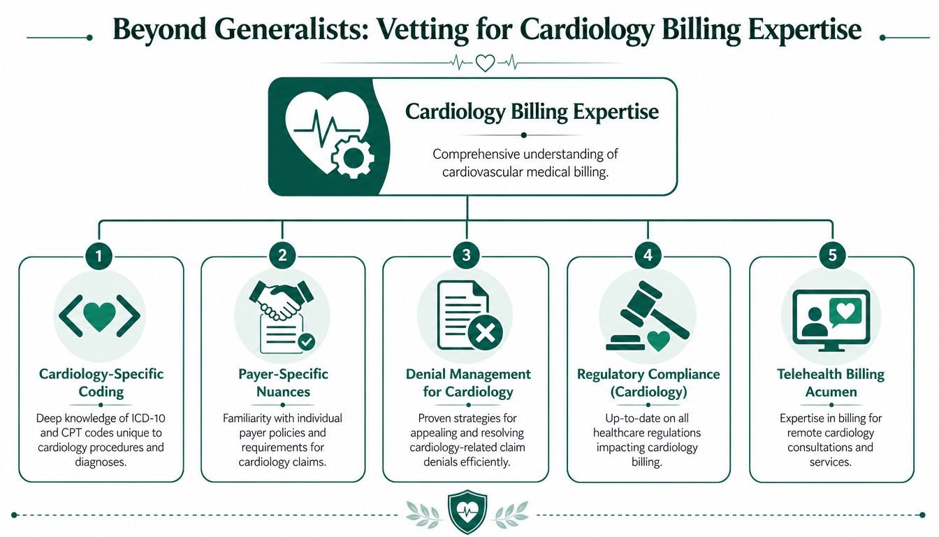 An infographic detailing five essential areas of cardiology billing expertise for specialized medical billing professionals.