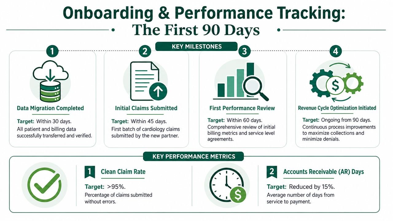 A performance tracking infographic outlining a 90-day onboarding process for new medical billing partners.