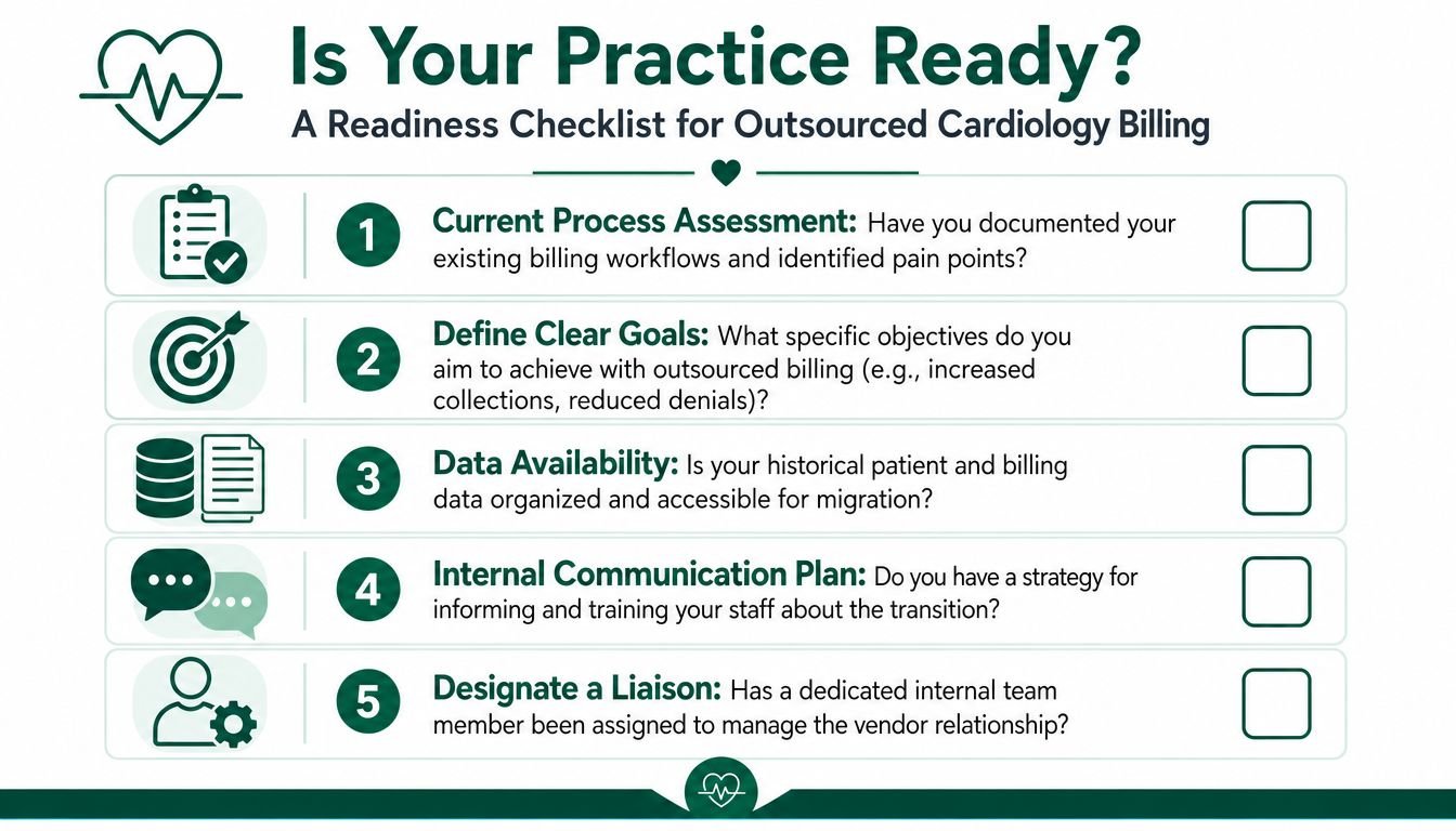 A readiness checklist infographic for healthcare providers considering outsourcing their cardiology medical billing processes.