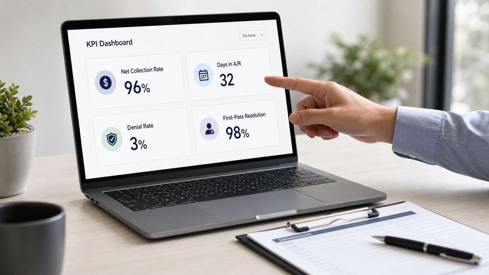 A professional analyzing medical key performance indicators on a laptop dashboard regarding outsourced medical billing services.
