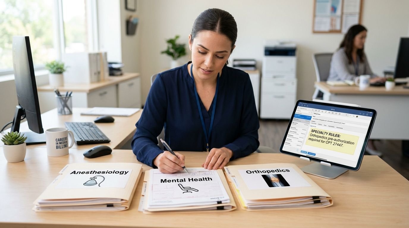 A professional medical billing specialist works at a desk organizing patient records into specialty folders.