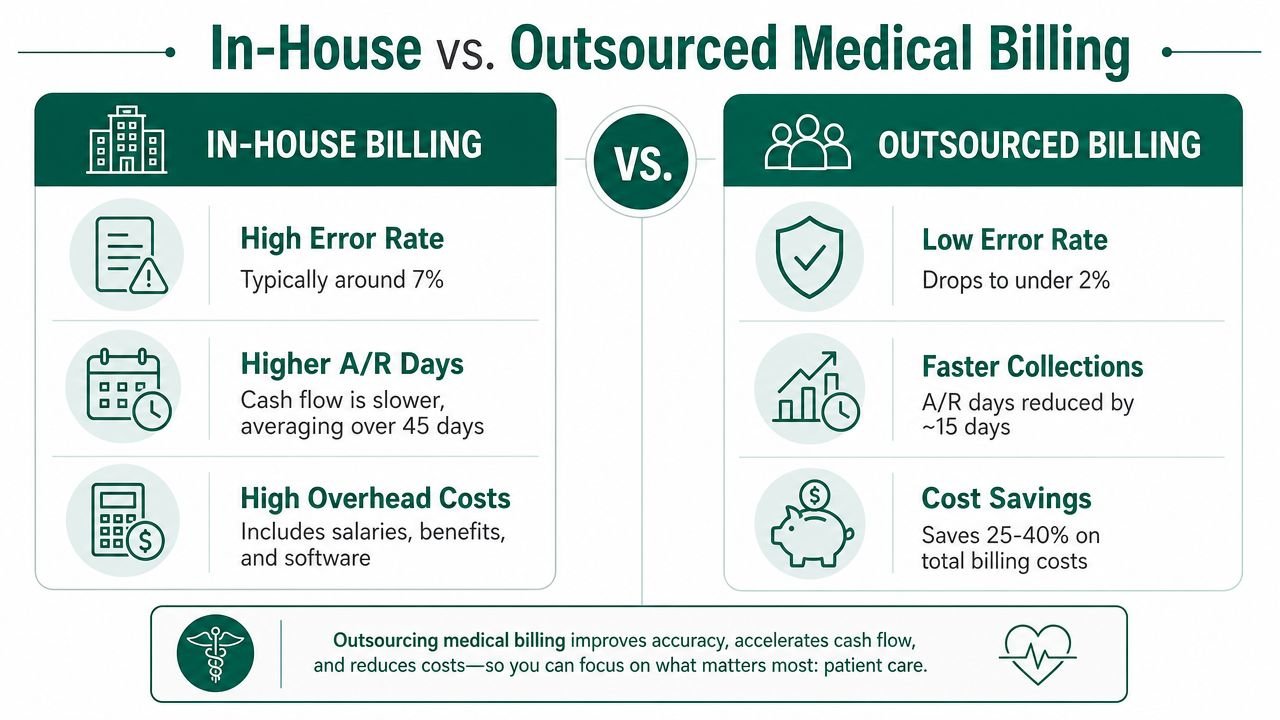 A comparison chart showing the advantages of outsourced medical billing over in-house medical billing processes.