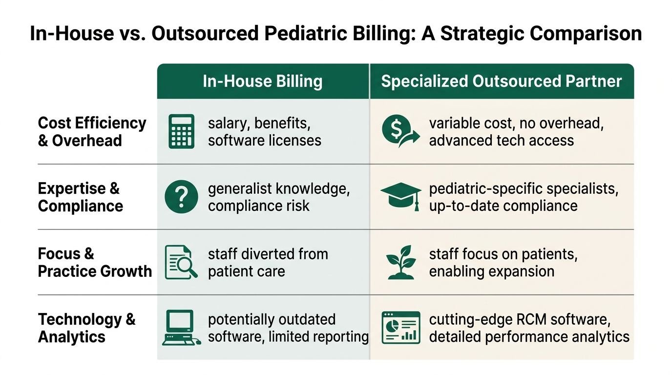 A comparison chart outlining the pros and cons of in-house versus outsourced pediatric medical billing services.