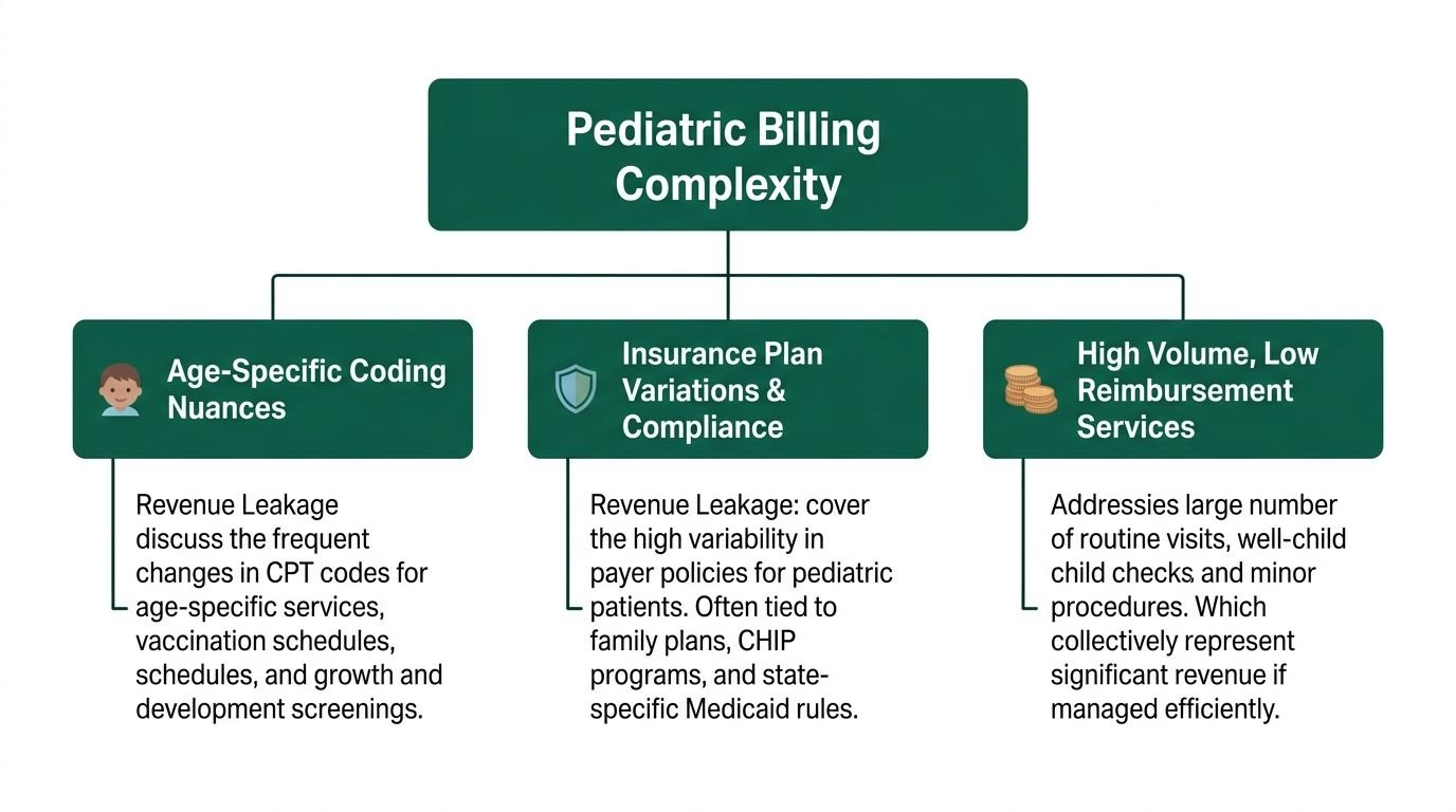 A flowchart diagram explaining the key complexities in pediatric medical billing and revenue cycle management.