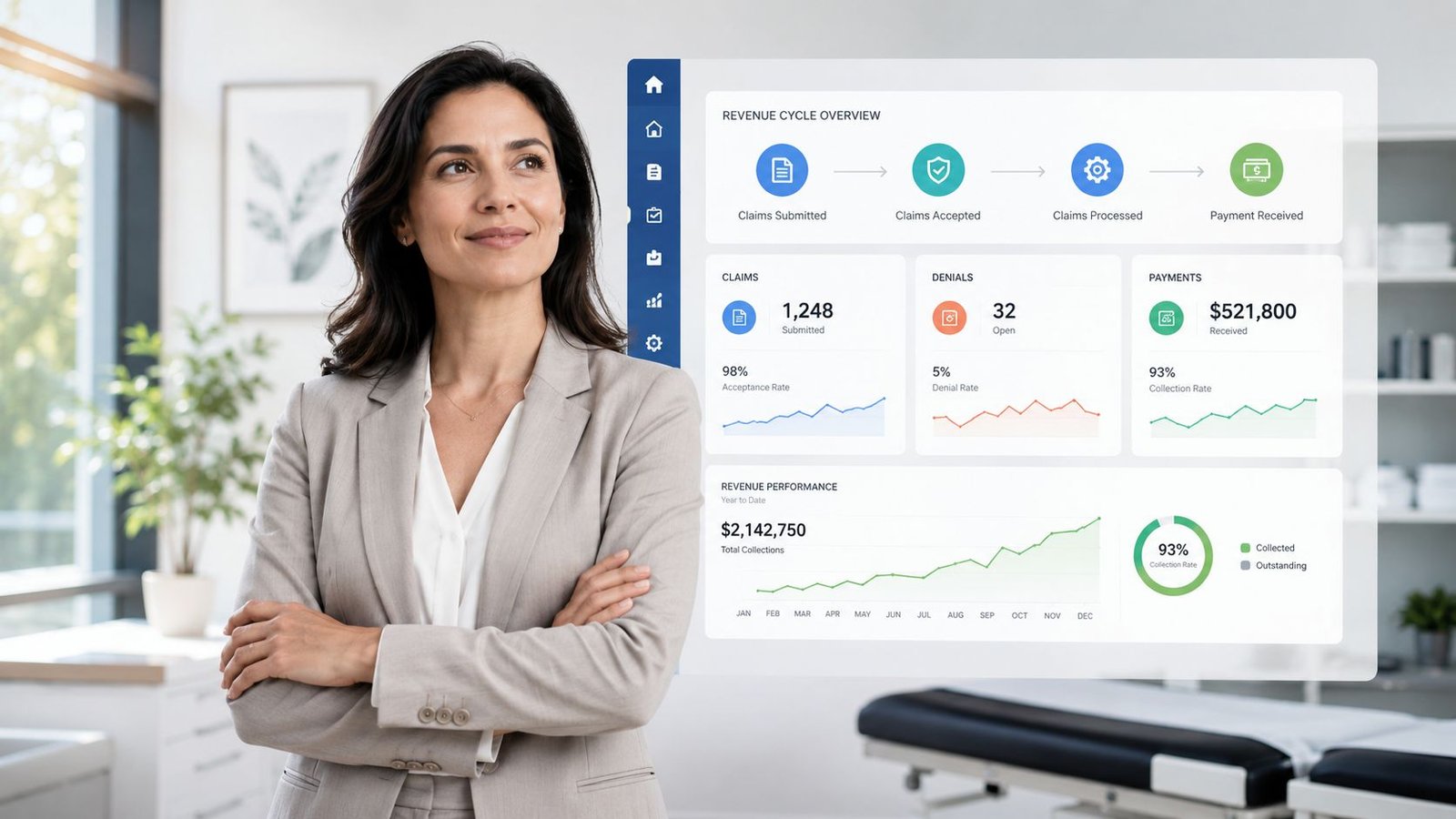 A professional businesswoman standing with arms crossed in front of a digital medical billing dashboard.