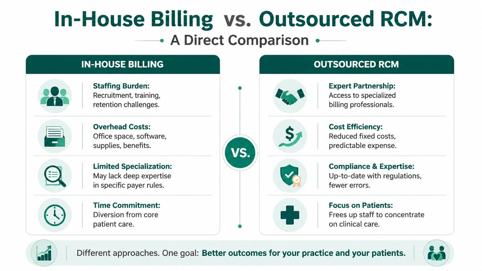 A comparison infographic between in-house medical billing and outsourced revenue cycle management benefits and challenges.