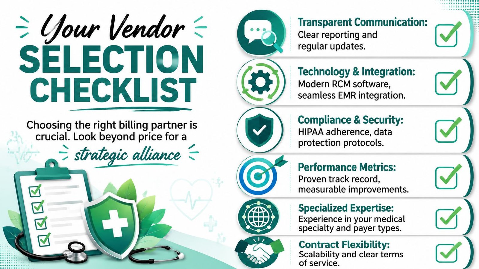 A checklist for selecting a medical billing vendor, highlighting key factors like communication, technology, security, and expertise.
