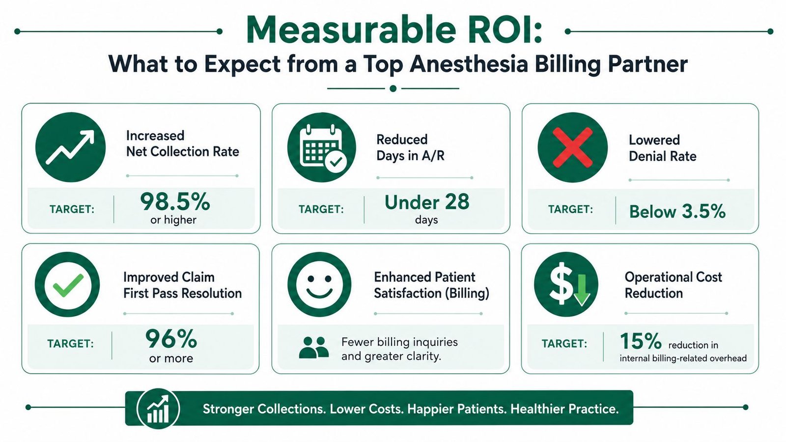 An infographic detailing six measurable ROI metrics for an anesthesia billing company including collection rates and costs.