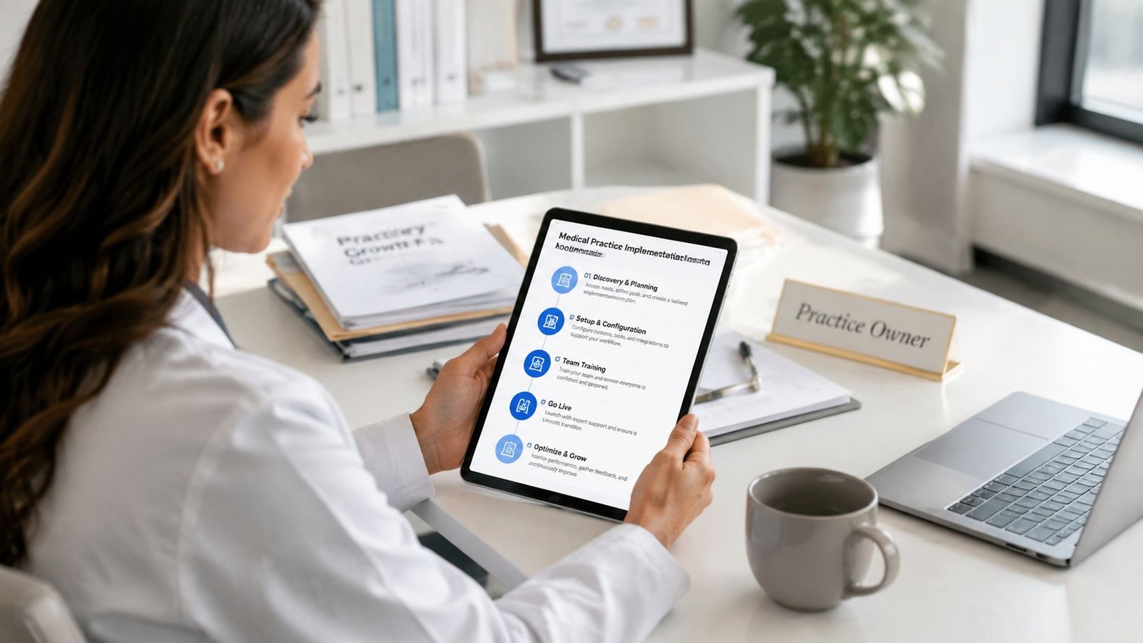 A professional doctor reviewing a medical practice implementation guide on a tablet in an office setting.