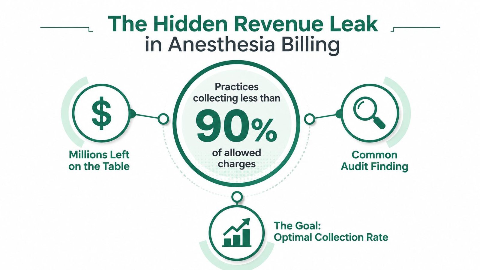 A professional infographic titled The Hidden Revenue Leak in Anesthesia Billing showing statistics about collection rates.