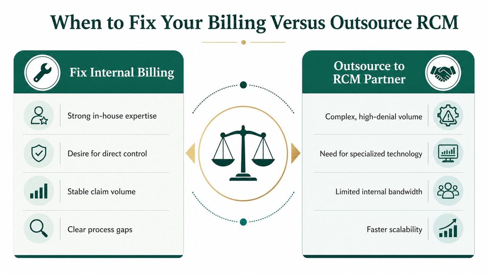 A comparison infographic showing when to fix internal billing versus when to outsource RCM services.