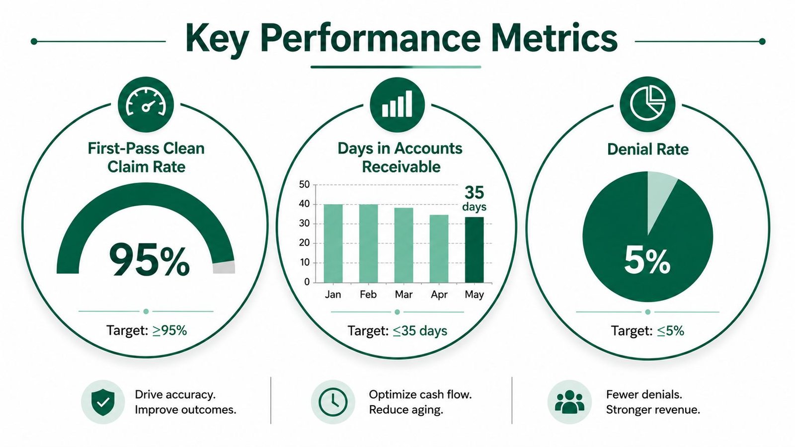 A performance metrics dashboard infographic illustrating key revenue cycle statistics for medical billing and financial analysis.