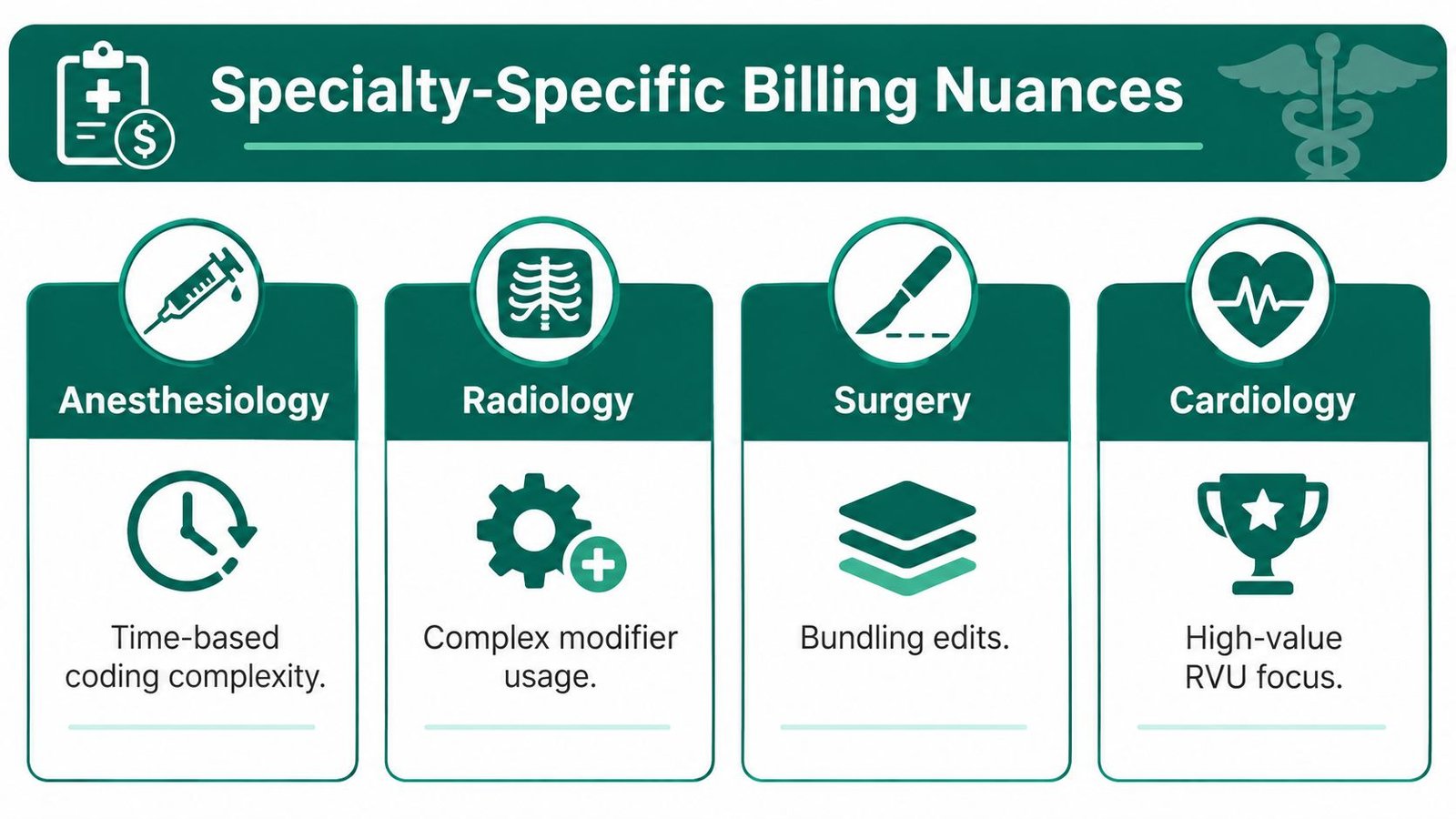 An infographic showing billing nuances for anesthesiology, radiology, surgery, and cardiology medical specialties.