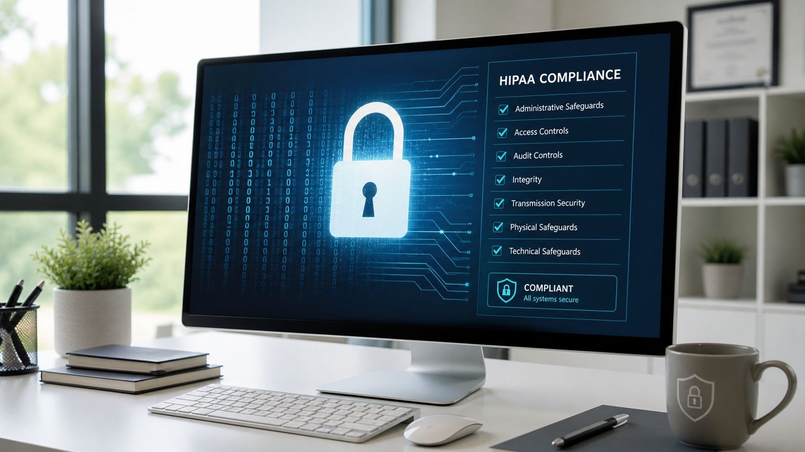 A computer monitor displaying a HIPAA compliance dashboard with a digital padlock icon on a desk.