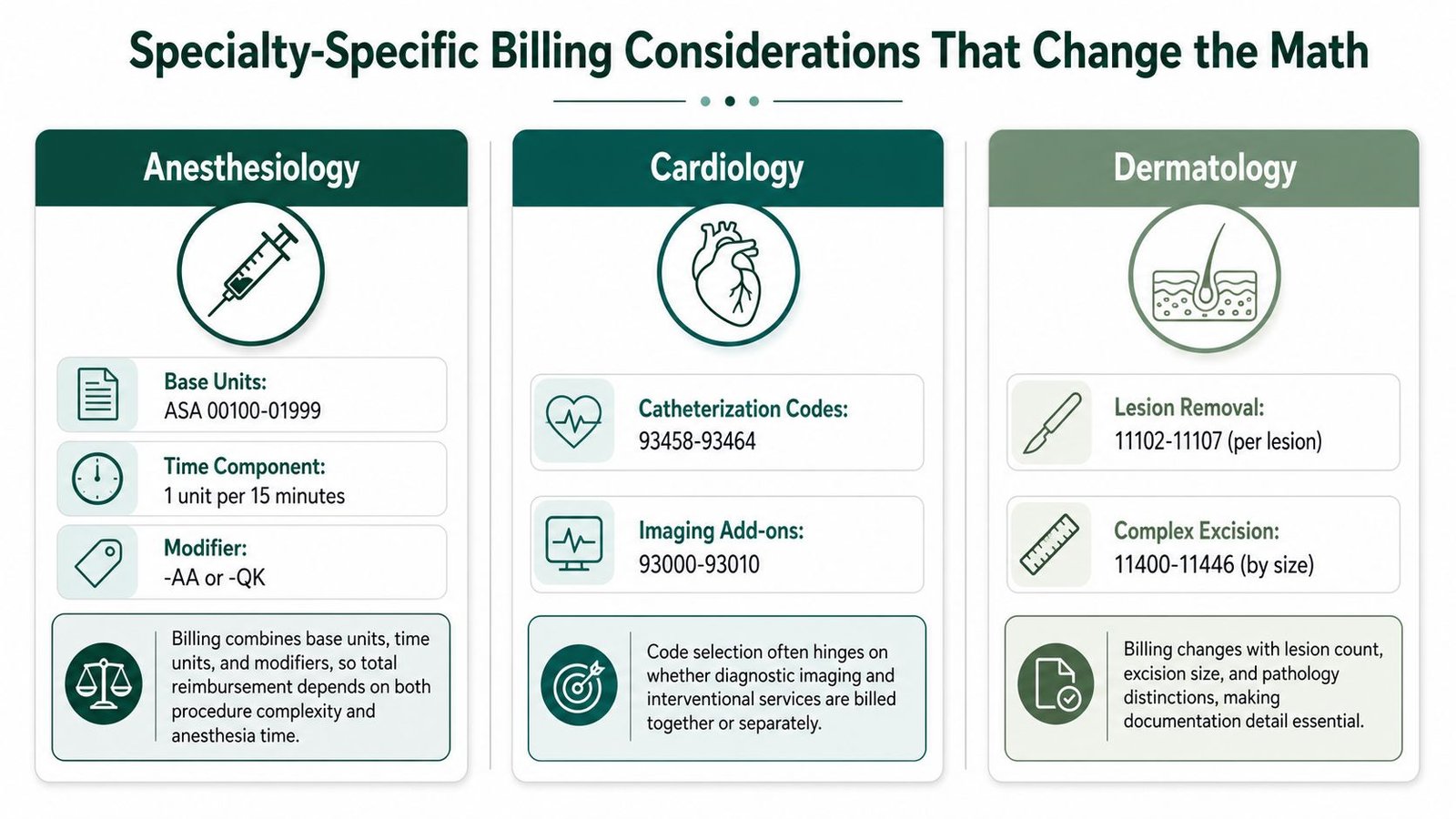 An infographic detailing specialty-specific medical billing considerations for anesthesiology, cardiology, and dermatology departments.