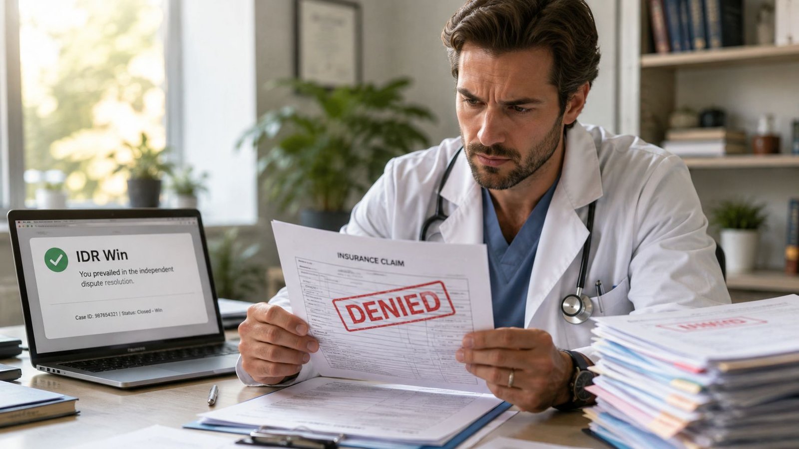 A concerned doctor reviews a denied insurance claim while his laptop screen displays an IDR win notification.