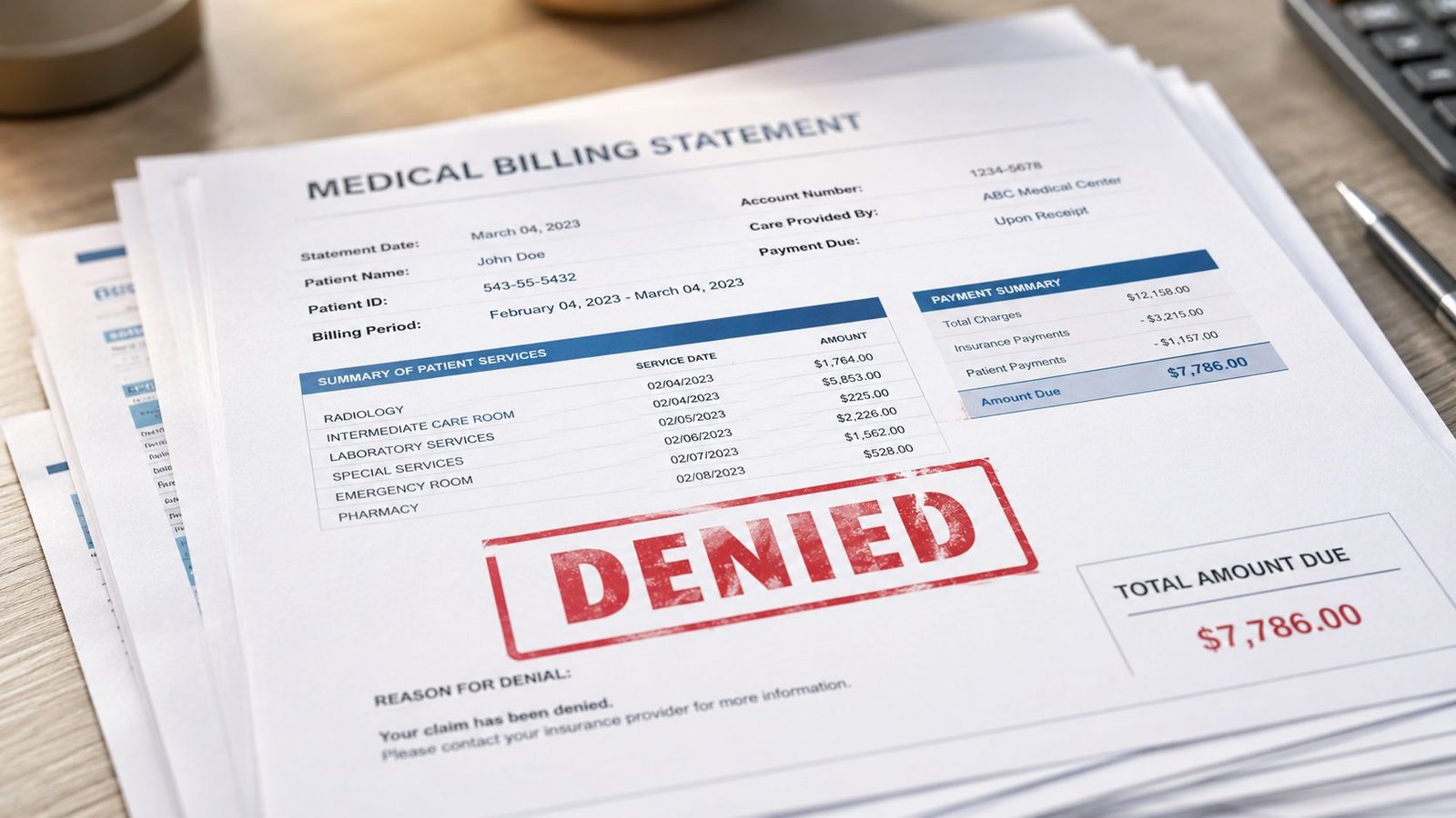 A document titled Medical Billing Statement with a red Denied stamp showing patient charges and due amount.