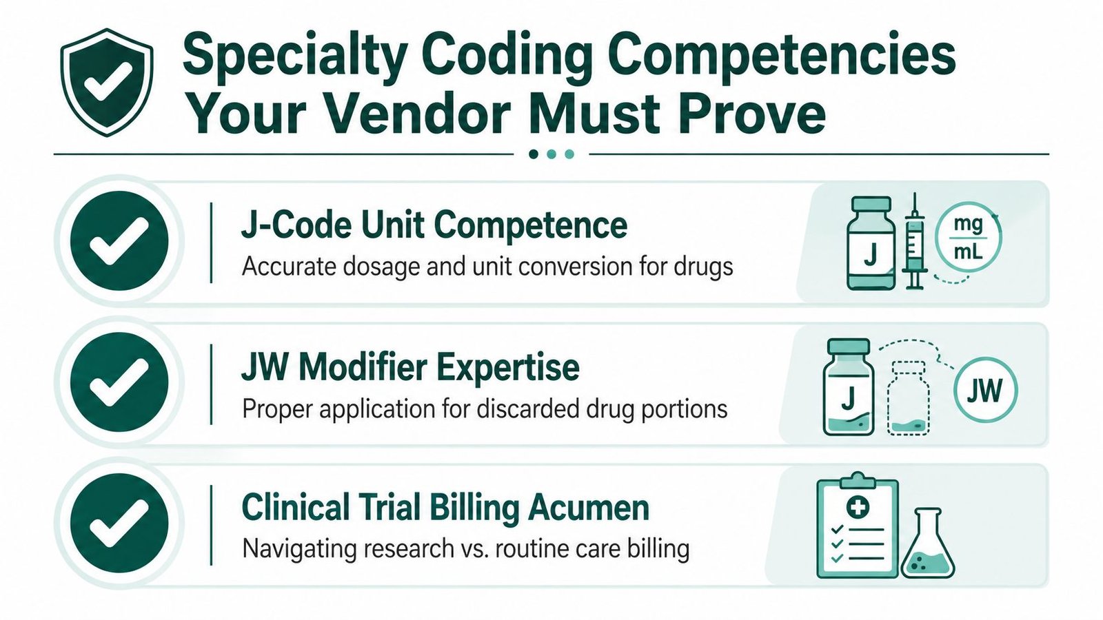 A graphic listing three critical specialty coding competencies for medical billing vendors, including J-Code, JW modifiers, and clinical trials.