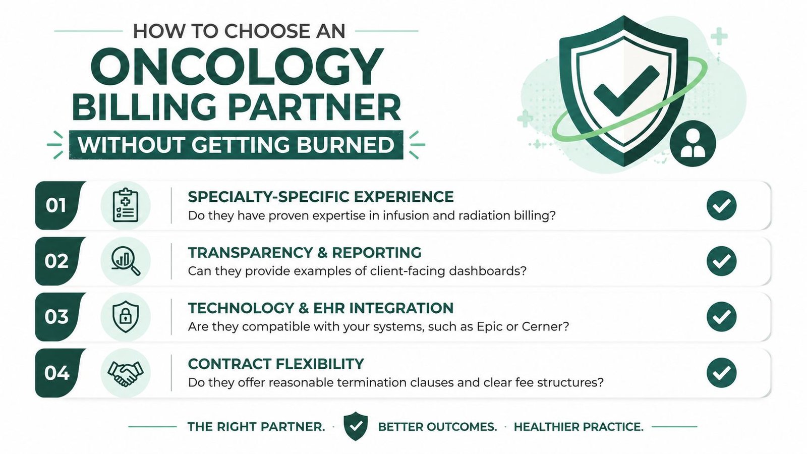 A checklist infographic titled How to Choose an Oncology Billing Partner Without Getting Burned.