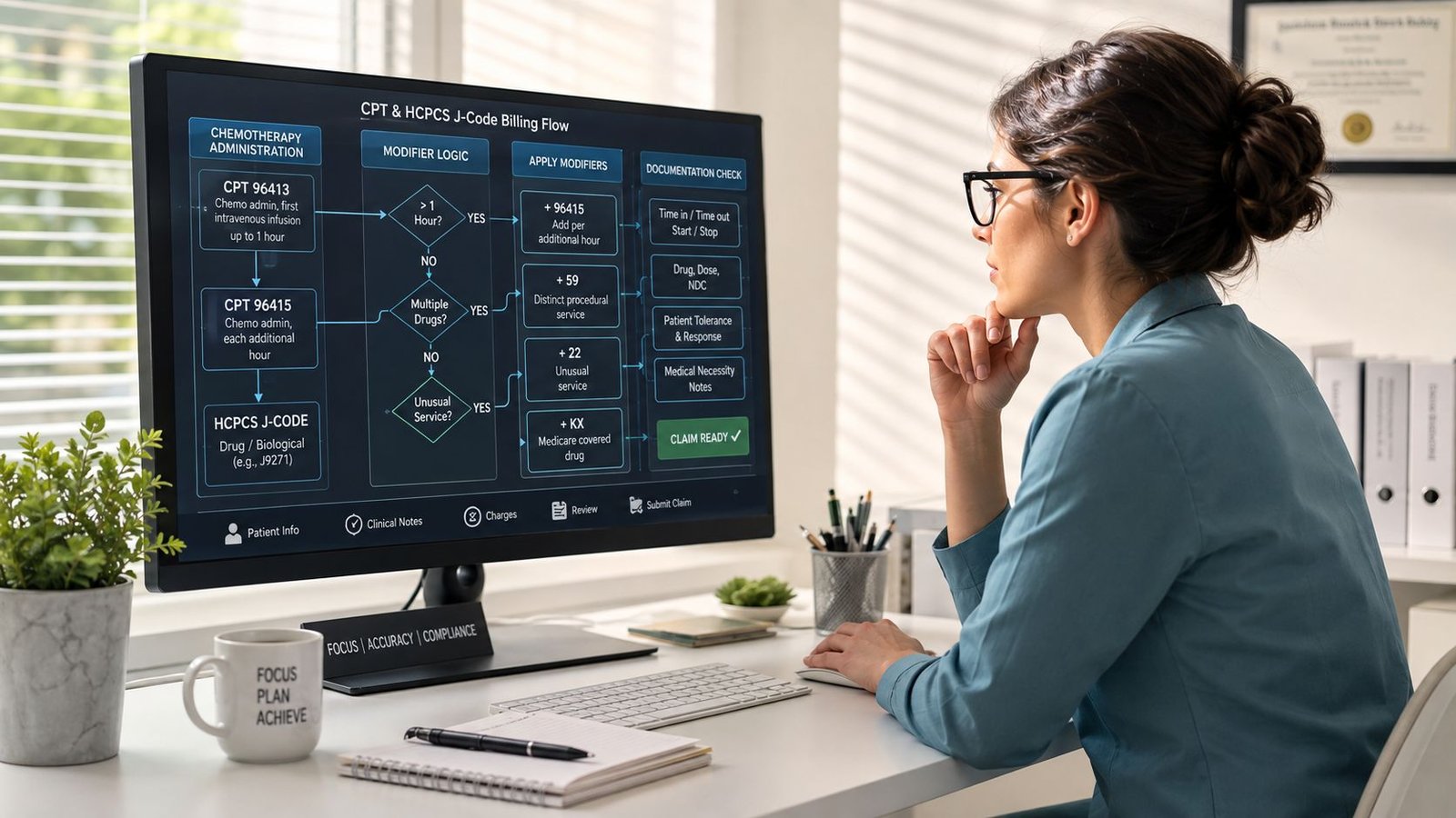 A professional analyzing a complex medical chemotherapy billing flow chart on her computer monitor in an office.