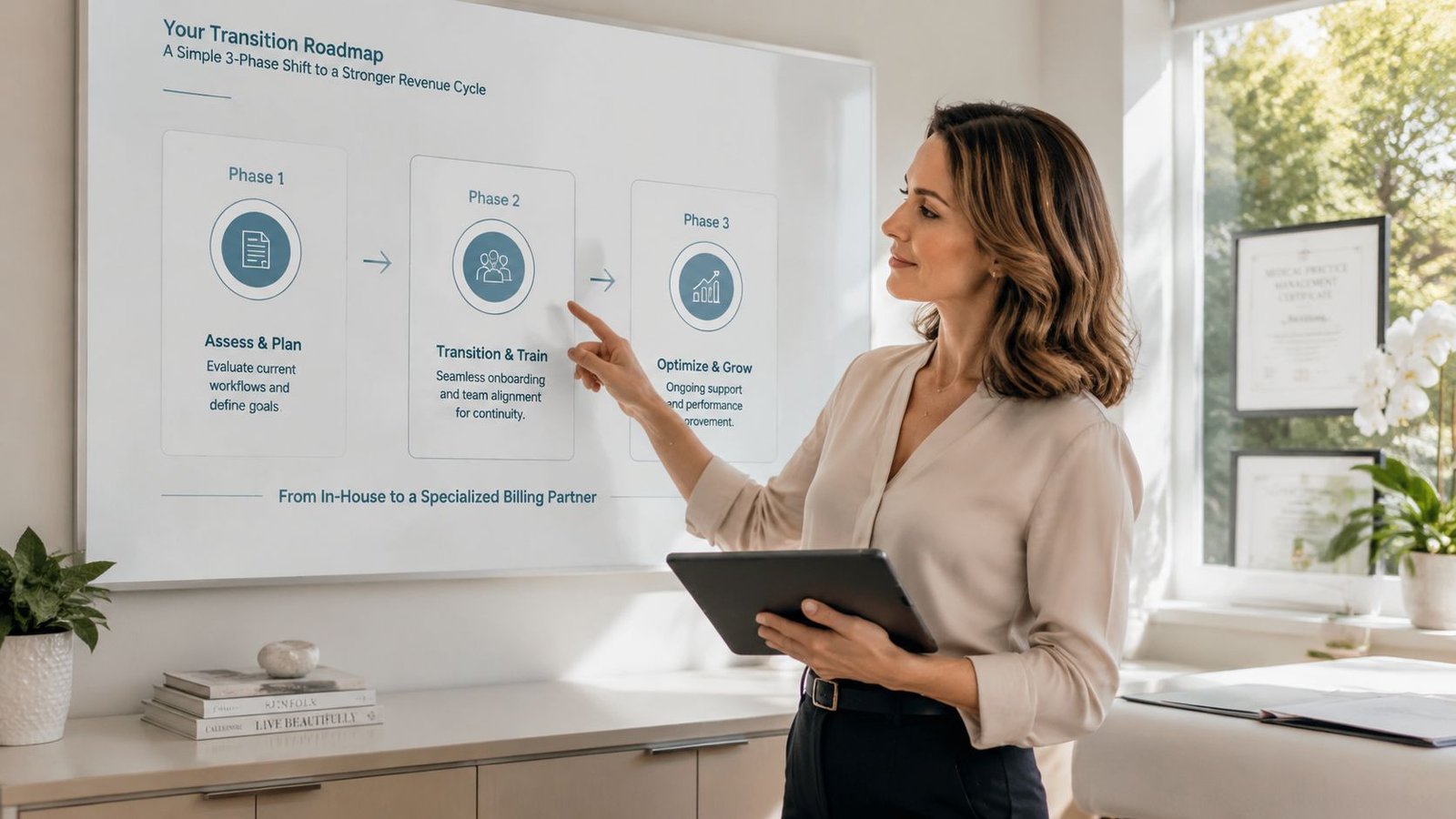 A professional woman presenting a three-phase transition roadmap for medical billing services on a screen.