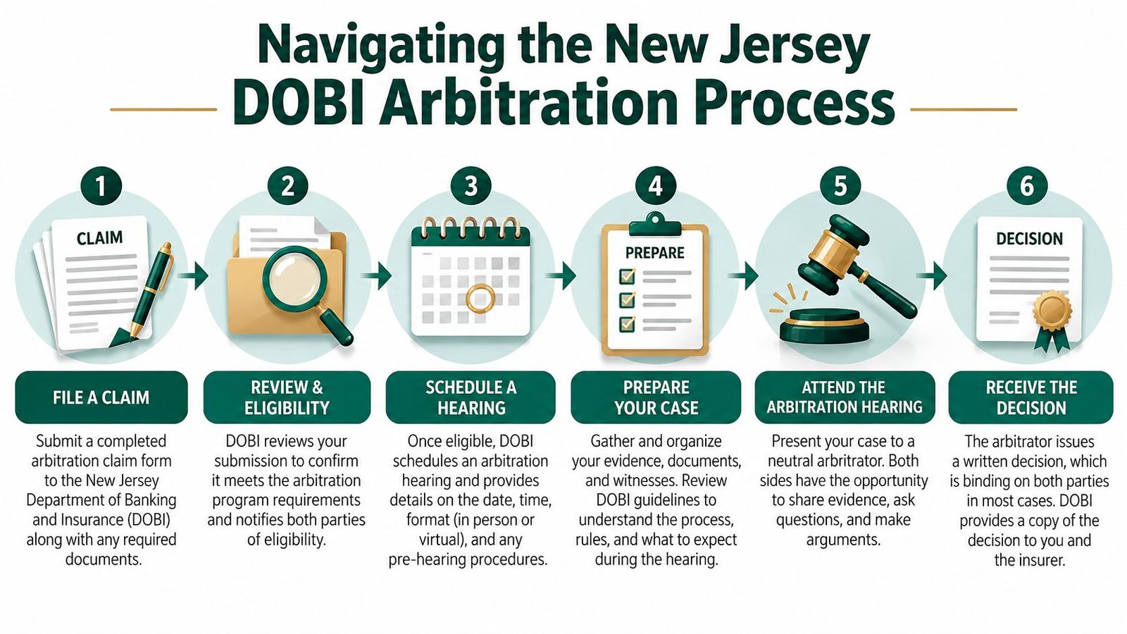 A step-by-step infographic illustrating the six-part New Jersey DOBI arbitration process for insurance claim resolution.