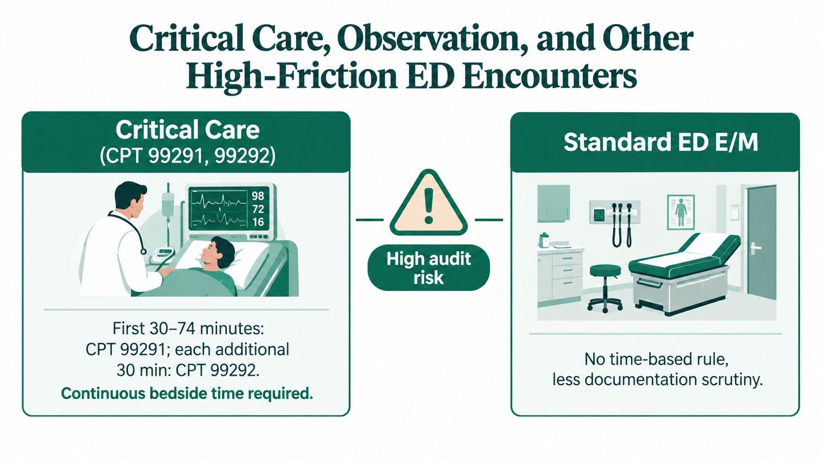 A comparison chart showing the differences between high-risk critical care billing and standard emergency department E/M services.