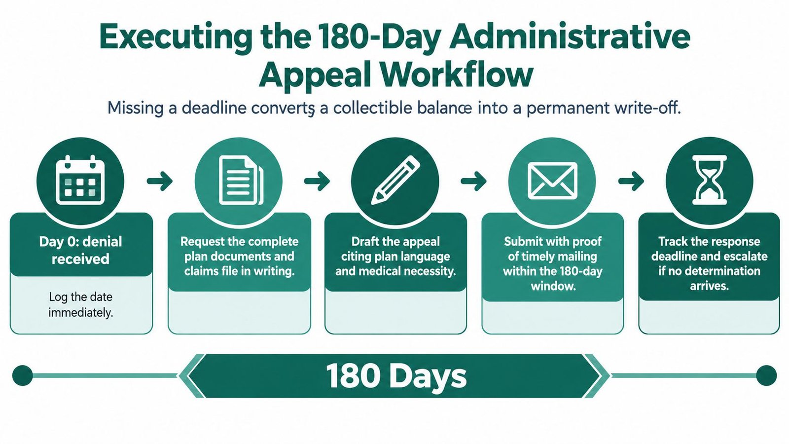 A five-step workflow diagram illustrating the timeline for submitting an administrative appeal within 180 days.