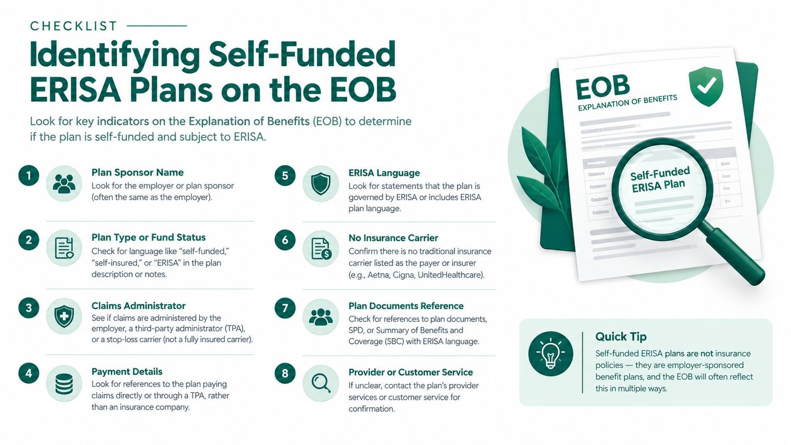 An infographic checklist outlining eight key indicators for identifying self-funded ERISA plans on explanation of benefits documents.