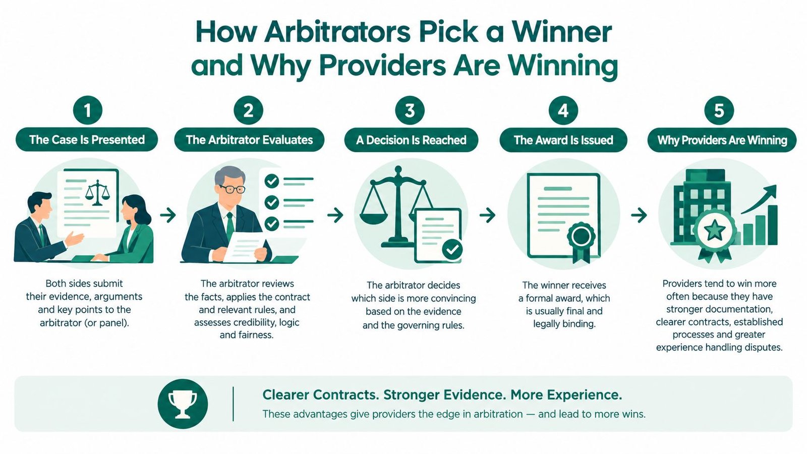 A five-step infographic illustrating how arbitrators reach a decision and why providers frequently win disputes.