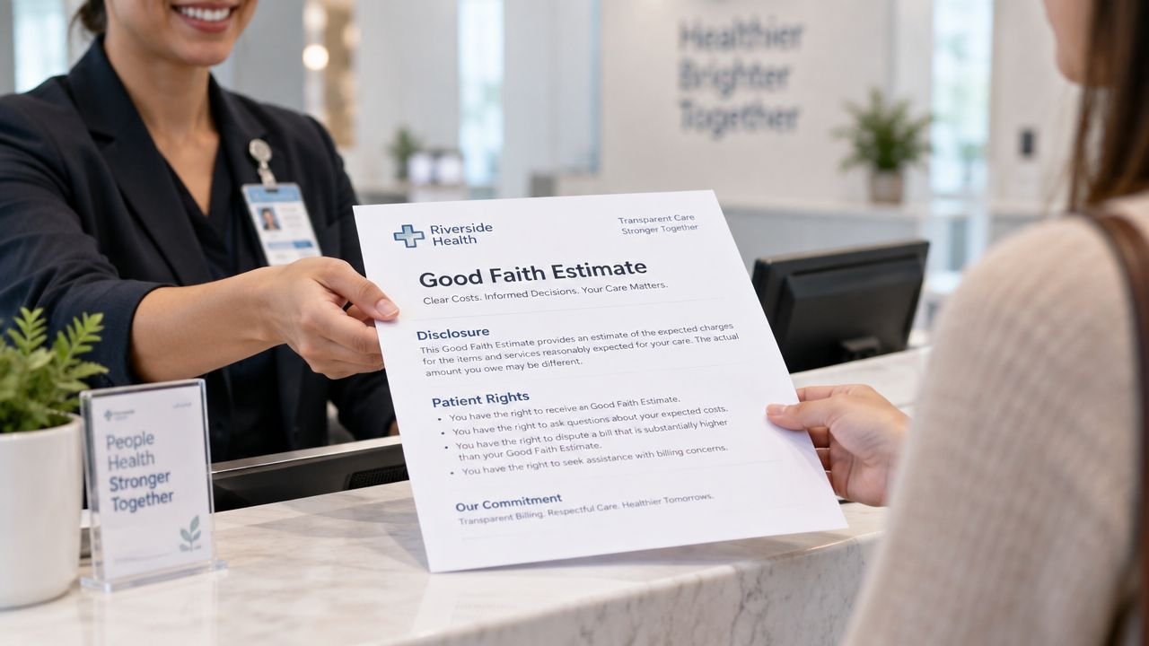 A healthcare worker hands a Good Faith Estimate document to a patient at a hospital reception desk.