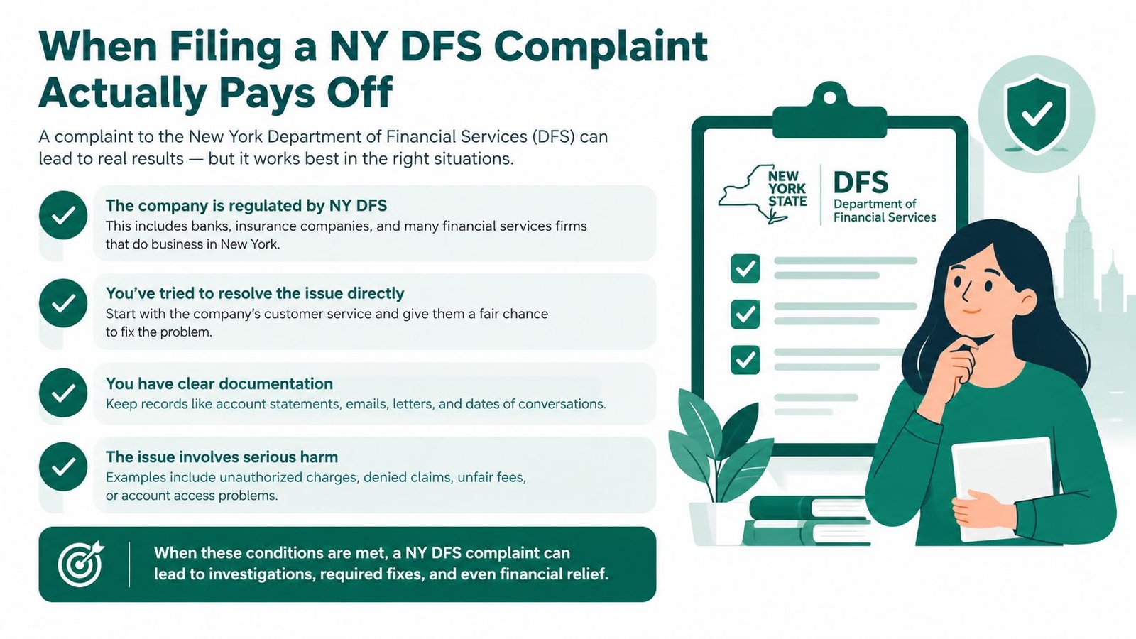 An infographic detailing the conditions under which a consumer complaint to the NY Department of Financial Services works.