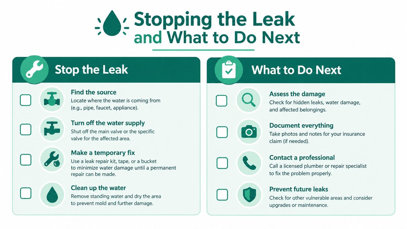 An infographic titled Stopping the Leak and What to Do Next with steps for home plumbing emergencies.