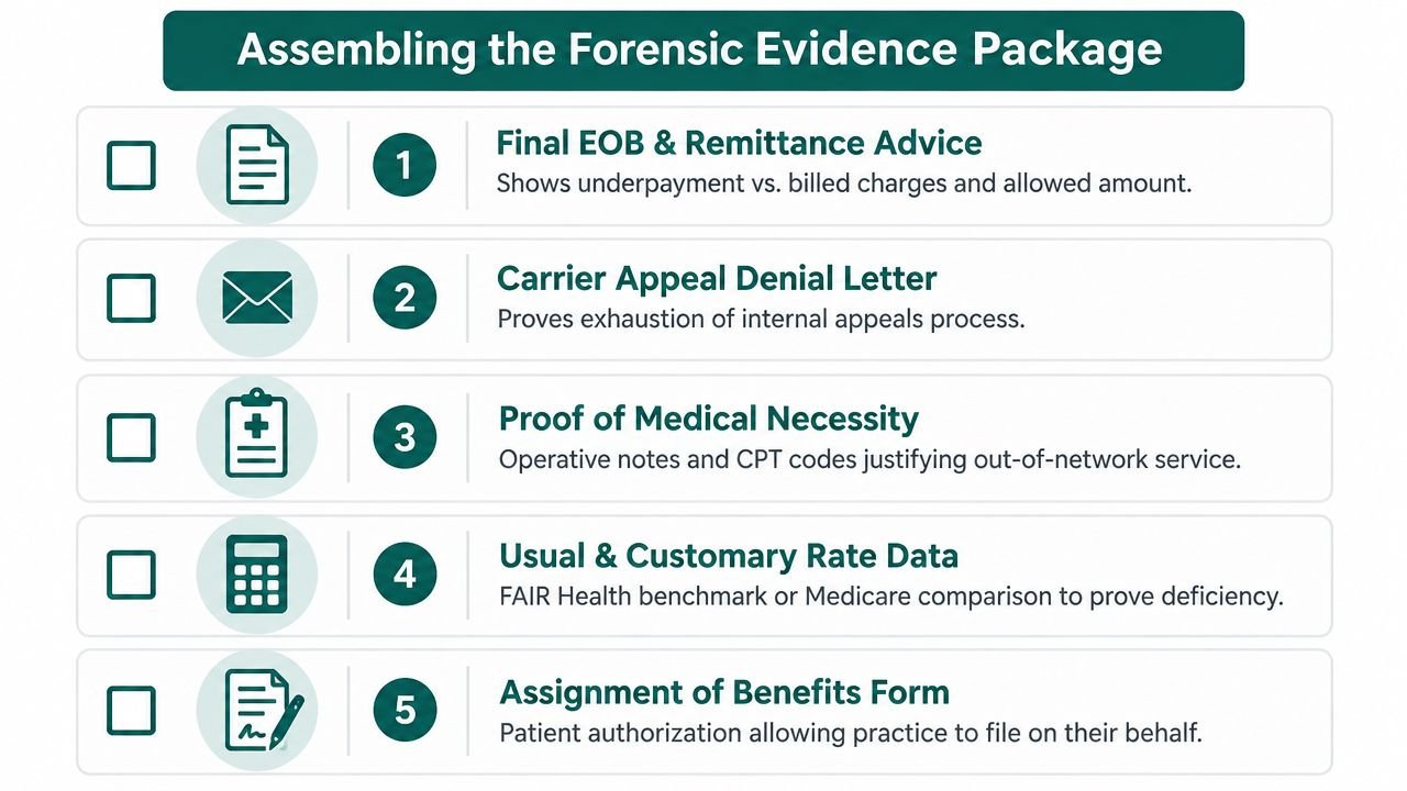 A checklist showing the five essential documents needed for assembling a medical forensic evidence package.